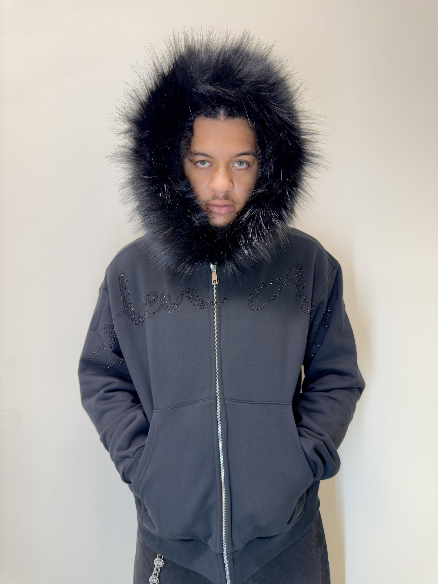 Triple Black Fur Rhinestone Hoodie