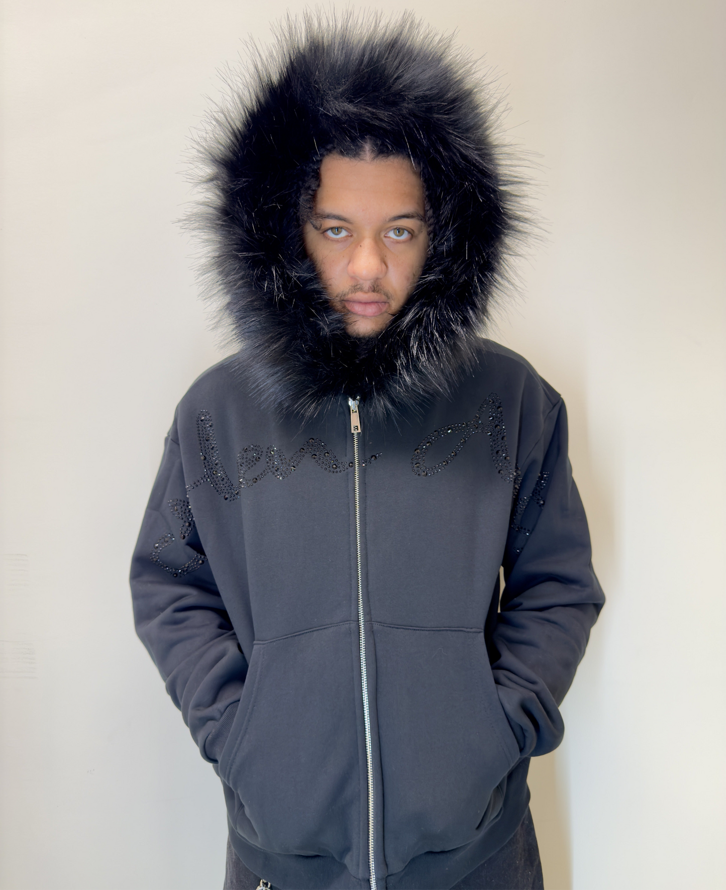 Triple Black Fur Rhinestone Hoodie